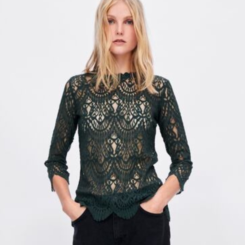 Zara Black Long Sleeve Lace Overlay Casual Cocktail Snug Fit Top S NWT